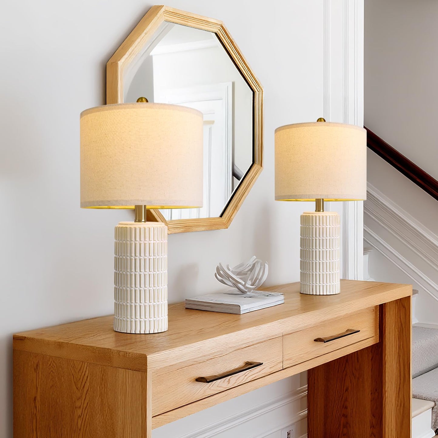 PoKat 23" Modern Ceramic Table Lamp Set of 2 for Living Room White Desk Lamps for Bedroom Farmhouse Bedside Nightstand Bedside Lamp End Table Lamps Beige