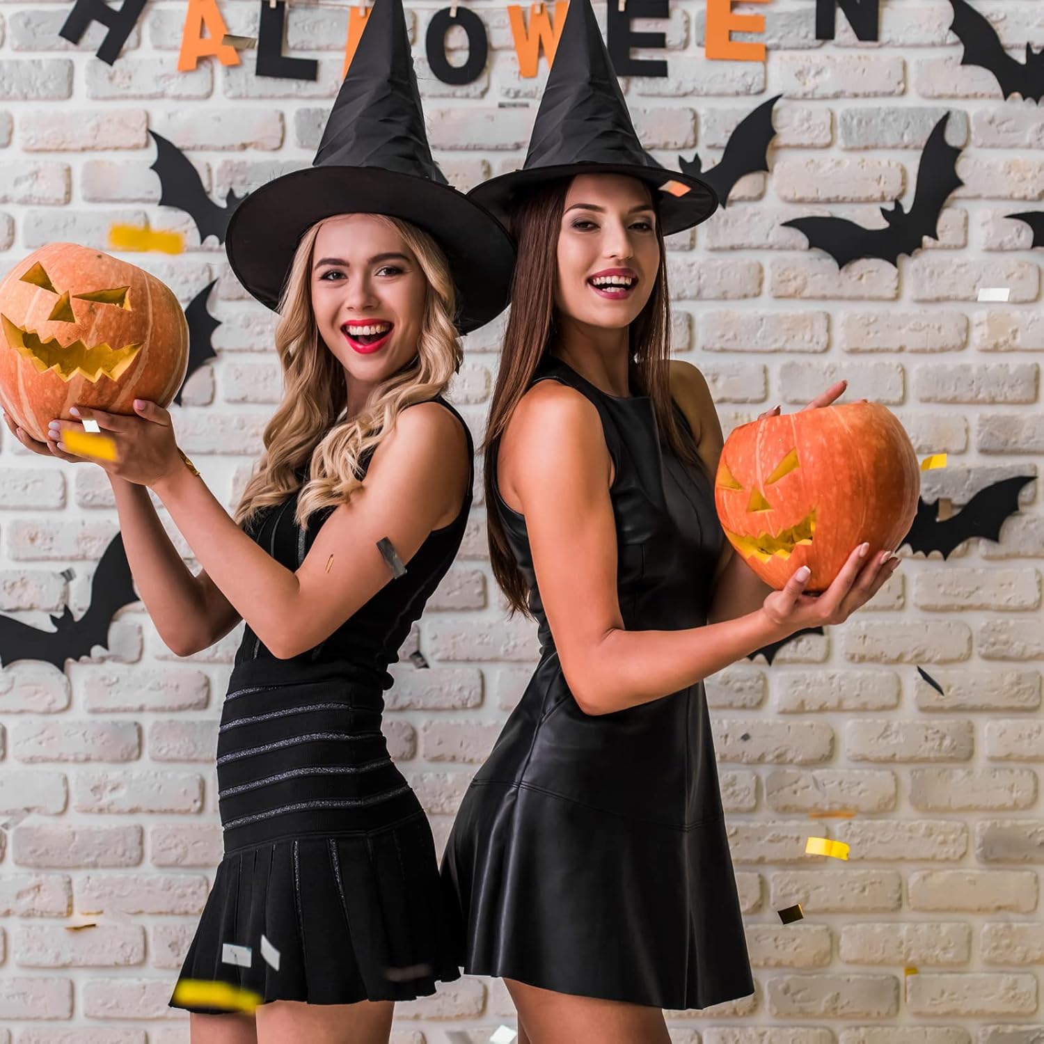 Witch Hat Decorations - 8PCS Black Hanging Witch Hats & 32PCS 3D Bats, Halloween Decor & Party Accessory for Indoor/Outdoor Use