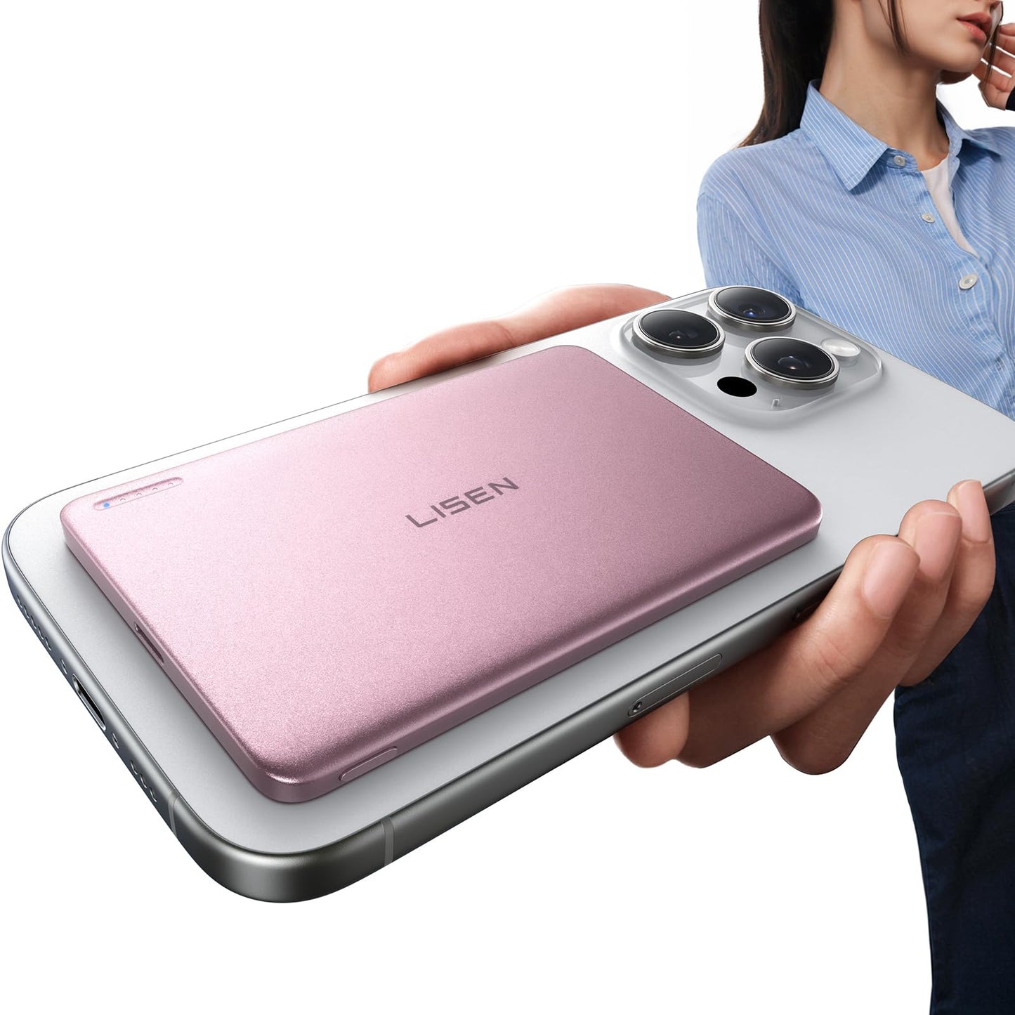 LISEN 0.3‘’ Ultra Slim MagSafe Portable Charger iPhone,Alloy 5,000mAh Wireless Card Slim MagSafe Battery Pack,Essential Phone Accessories,Magnetic Power Bank for iPhone 16e Pro Max/15/14/13/12,Glacier