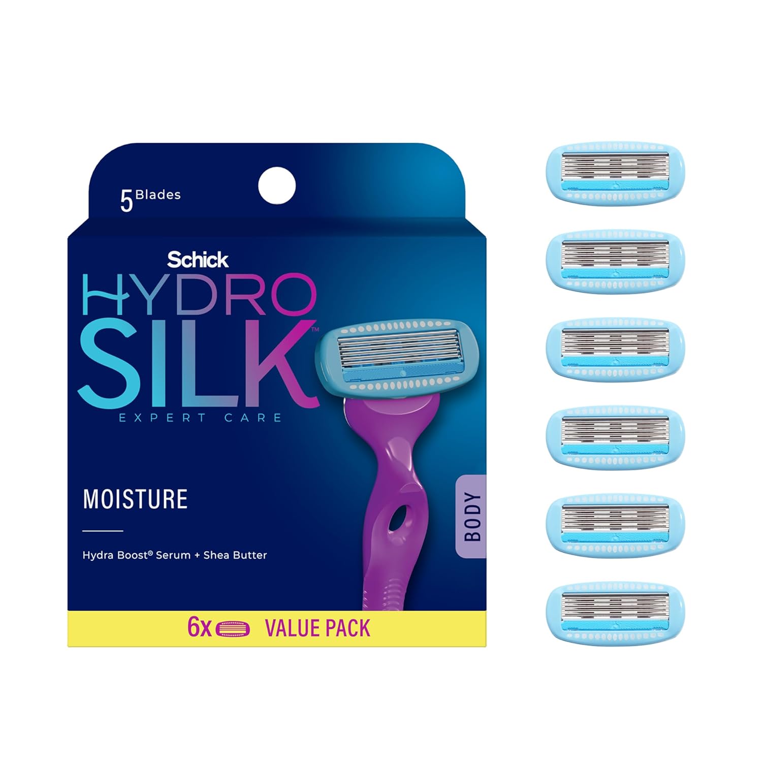 Schick Hydro Silk Moisture Razor Blade Refills, 6 Count | 5-Blade Moisturizing Razors for Women | Womens Moisturizing Razor Refills