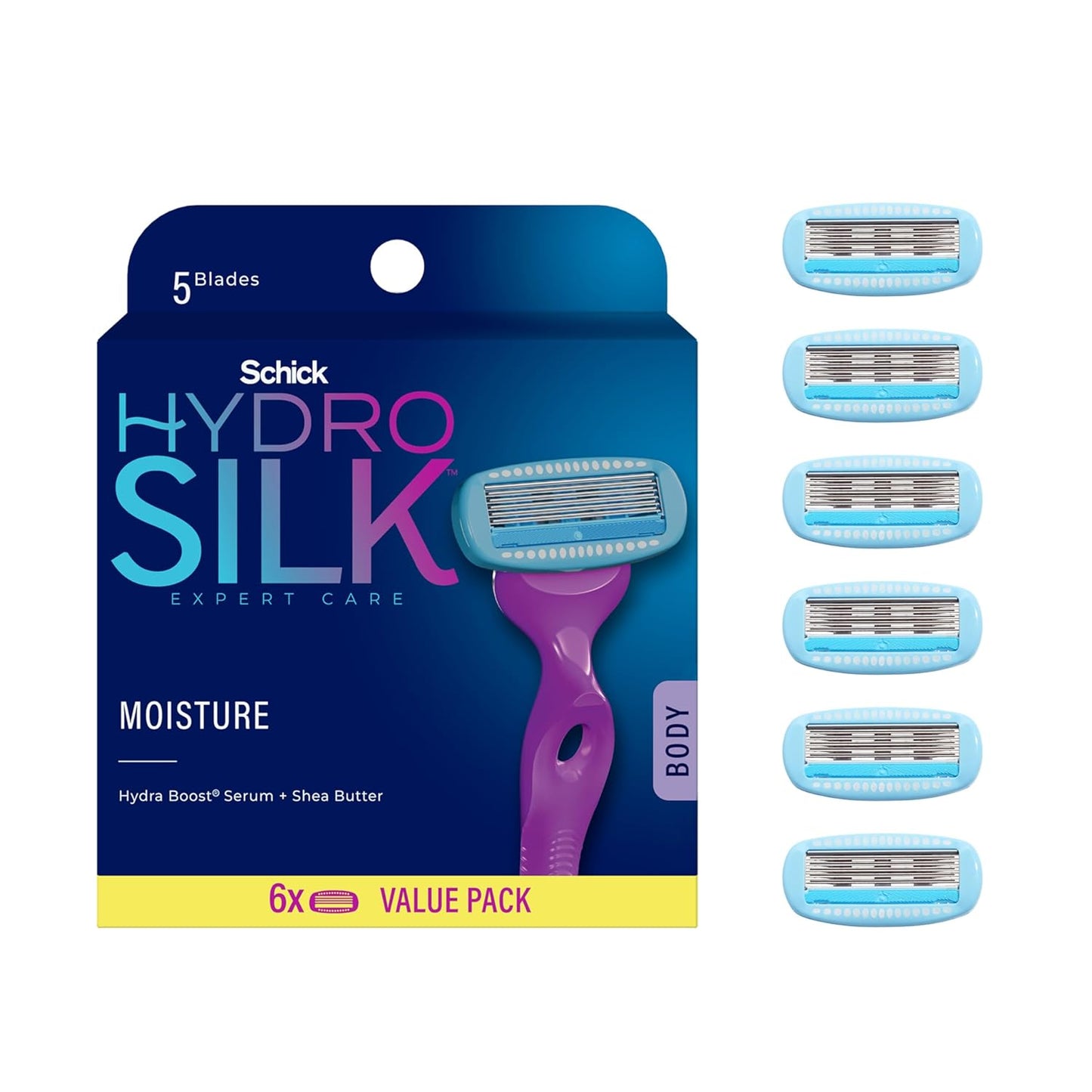 Schick Hydro Silk Moisture Razor Blade Refills, 6 Count | 5-Blade Moisturizing Razors for Women | Womens Moisturizing Razor Refills