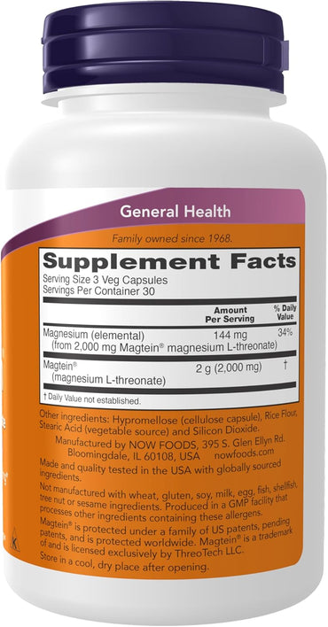 NOW Foods Supplements, Magtein™ with patented form of Magnesium (Mg), Cognitive Support*, 90 Veg Capsules