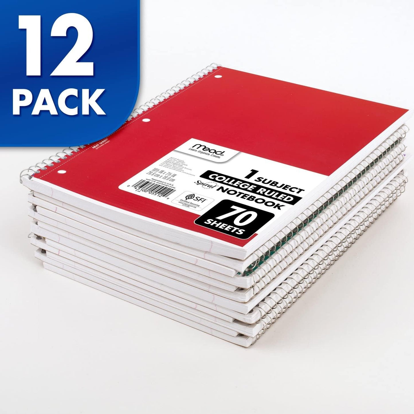 Mead Spiral Notebooks, 12 Pack, 1 Subject, College Ruled Paper, 7-1/2" x 10-1/2", 70 Sheets per Notebook, Color Will Vary (73703)