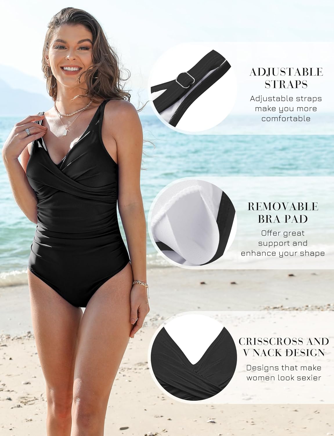 Women's One Piece Swimsuits Tummy Control Bathing Suits for Womens V Neck Criss Cross Ruched Push Up Slimming Swimwear