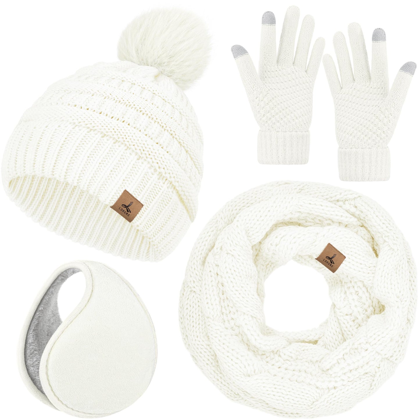 Winter Hat Scarf Gloves and Ear Warmer, Warm Knit Beanie Hat Touch Screen Gloves Set Winter Gifts Neck Scarves for Women