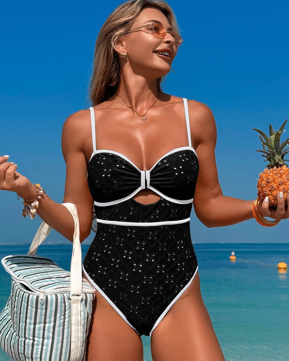 Limeeke Women's One Piece Swimsuits Sexy Cutout High Waisted Bathing Suit Color Block Swimwear