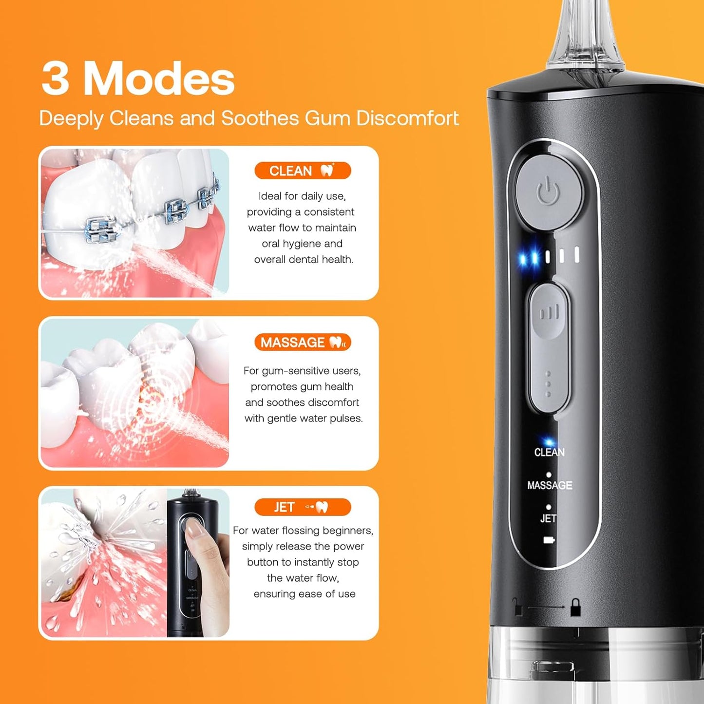 Bitvae Water Dental Flosser for Teeth, Cordless Water Teeth Cleaner Picks, 3 Modes 5 Intensities, IPX7 Waterproof, Rechargeable Water Dental Picks for Cleaning - Black