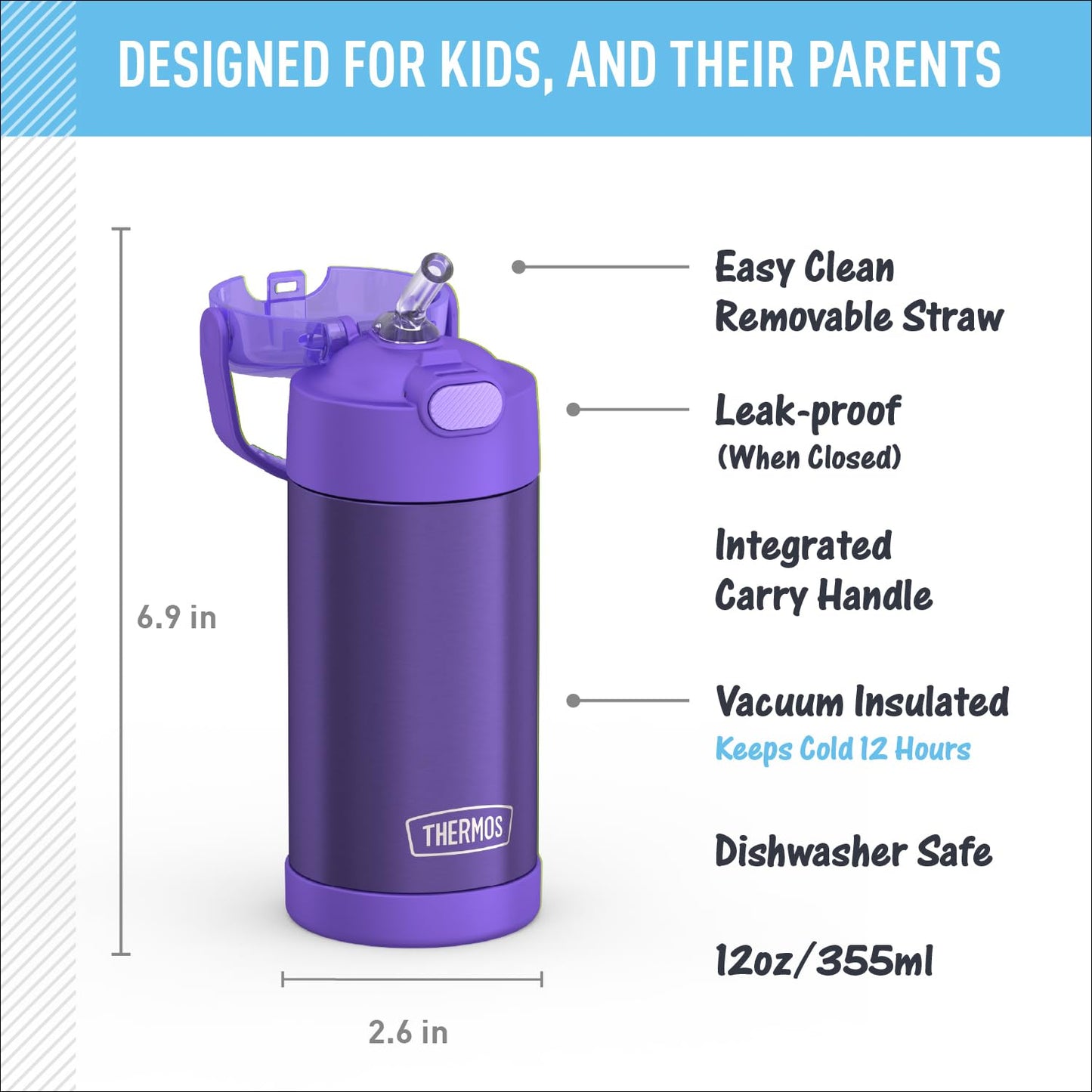 THERMOS FUNTAINER Water Bottle with Straw - 12 Ounce - Kids Stainless Steel Vacuum Insulated Water Bottle with Lid, Mod Flowers