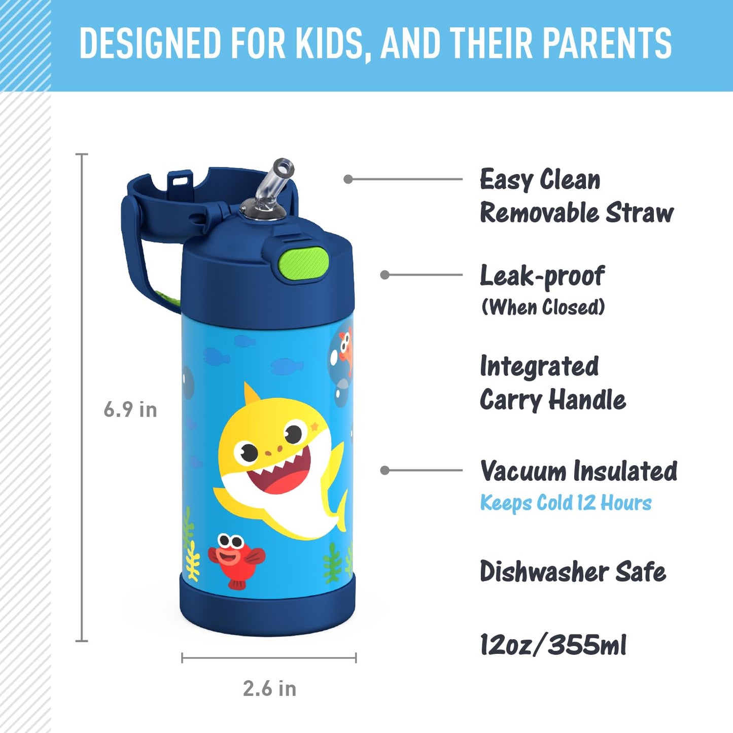 THERMOS FUNTAINER Water Bottle with Straw - 12 Ounce - Kids Stainless Steel Vacuum Insulated Water Bottle with Lid, Bluey