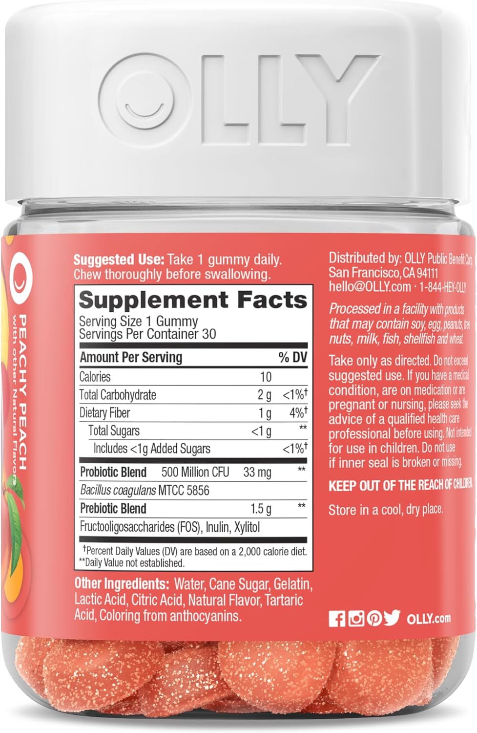 OLLY Probiotic + Prebiotic Gummy, Digestive Support and Gut Health, 500 Million CFUs, Fiber, Adult Chewable Supplement for Men and Women, Peach, 30 Day Supply - 30 Count