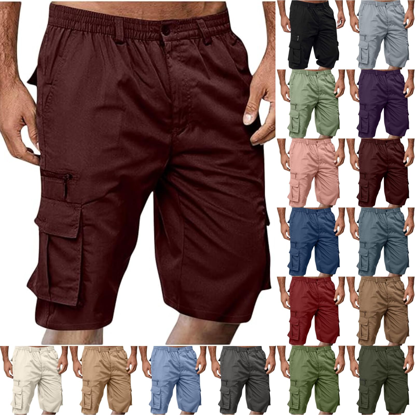 Cargo Shorts for Men Casual Summer Hiking Pants Elastic Waist Big and Tall Knee Length Multi-Pockets Bermuda Shorts