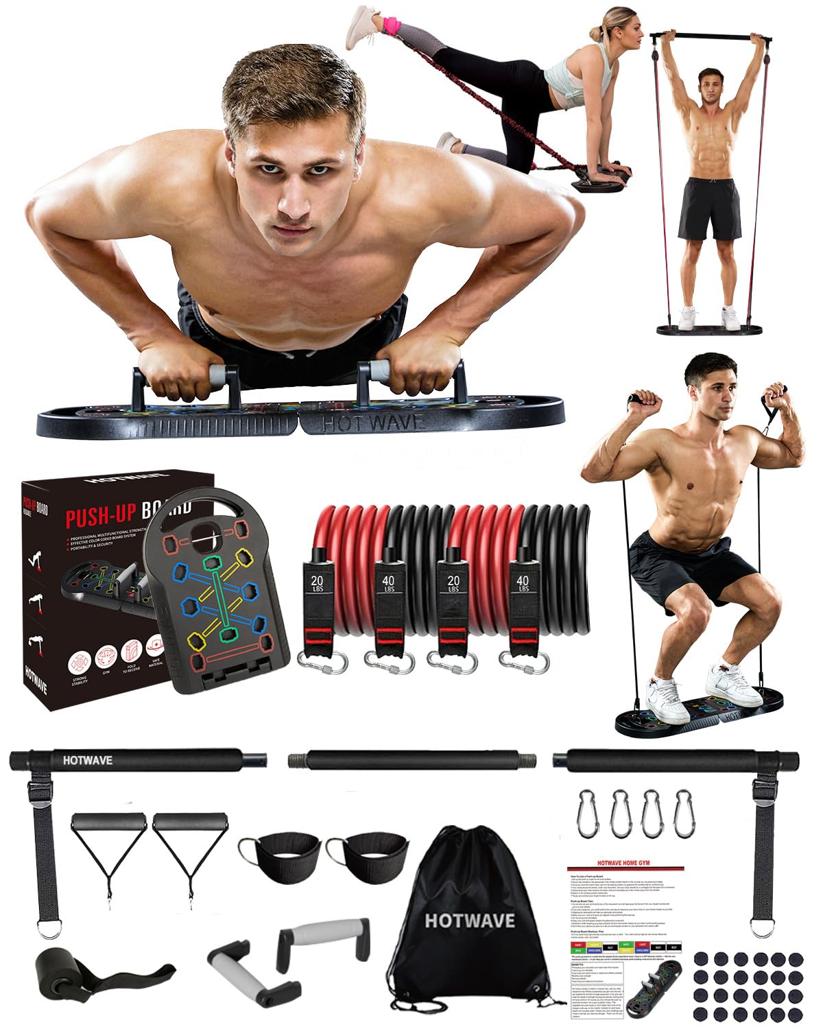 HOTWAVE Push Up Board Fitness, Portable Foldable 20 in 1 Push Up Bar at Home Gym, Pushup Handles for Floor. Professional Strength Training Equipment For Man and Women,Patent Pending