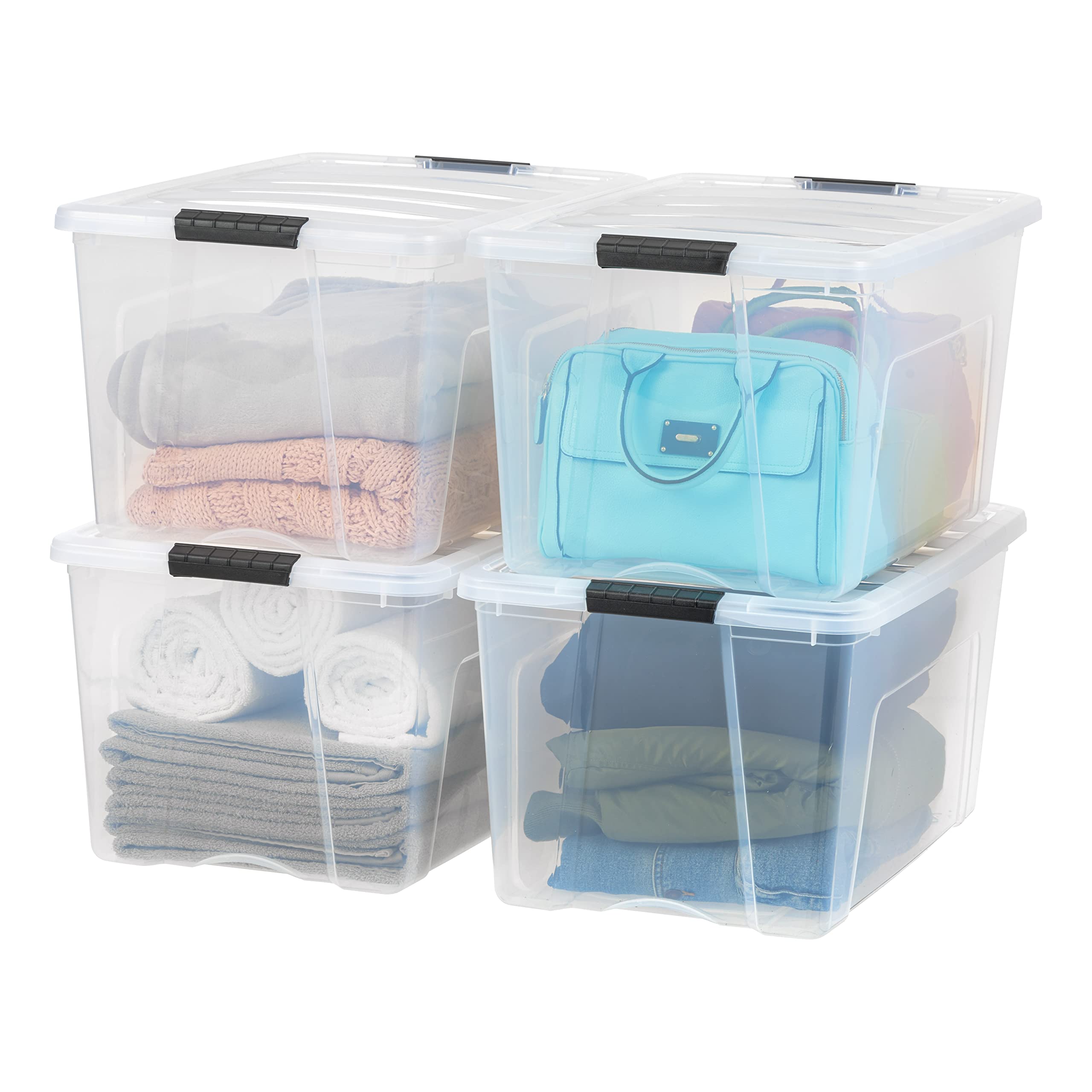 IRIS USA 13 Qt Stackable Plastic Storage Bins with Lids, 6 Pack - BPA-Free, Made in USA - Discreet Organizing Solution, Latches, Durable Nestable Containers, Secure Pull Handle - Pearl