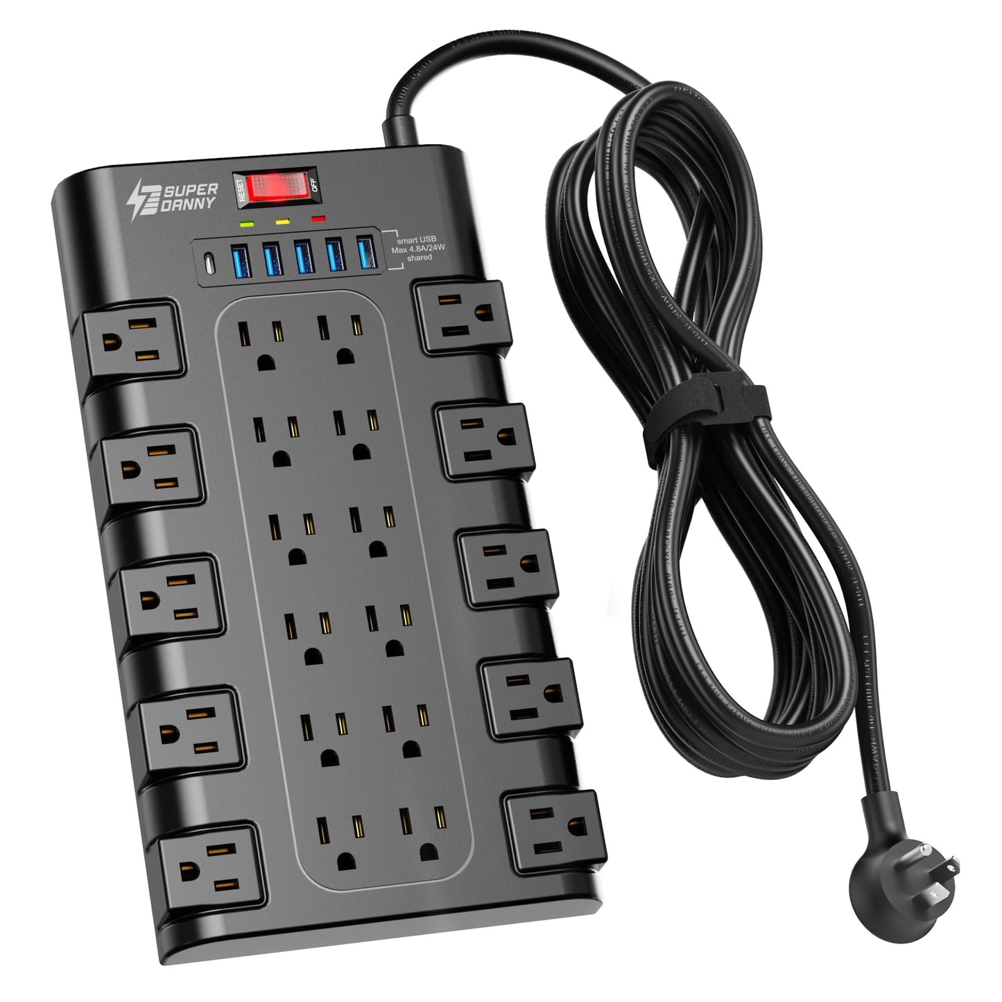 Power Strip, SUPERDANNY Surge Protector with 22 AC Outlets and 6 USB Charging Ports, 1875W/15A, 2100 Joules, 6.5Ft Flat Plug Heavy Duty Extension Cord for Home, Office, Dorm, Gaming Room, Black