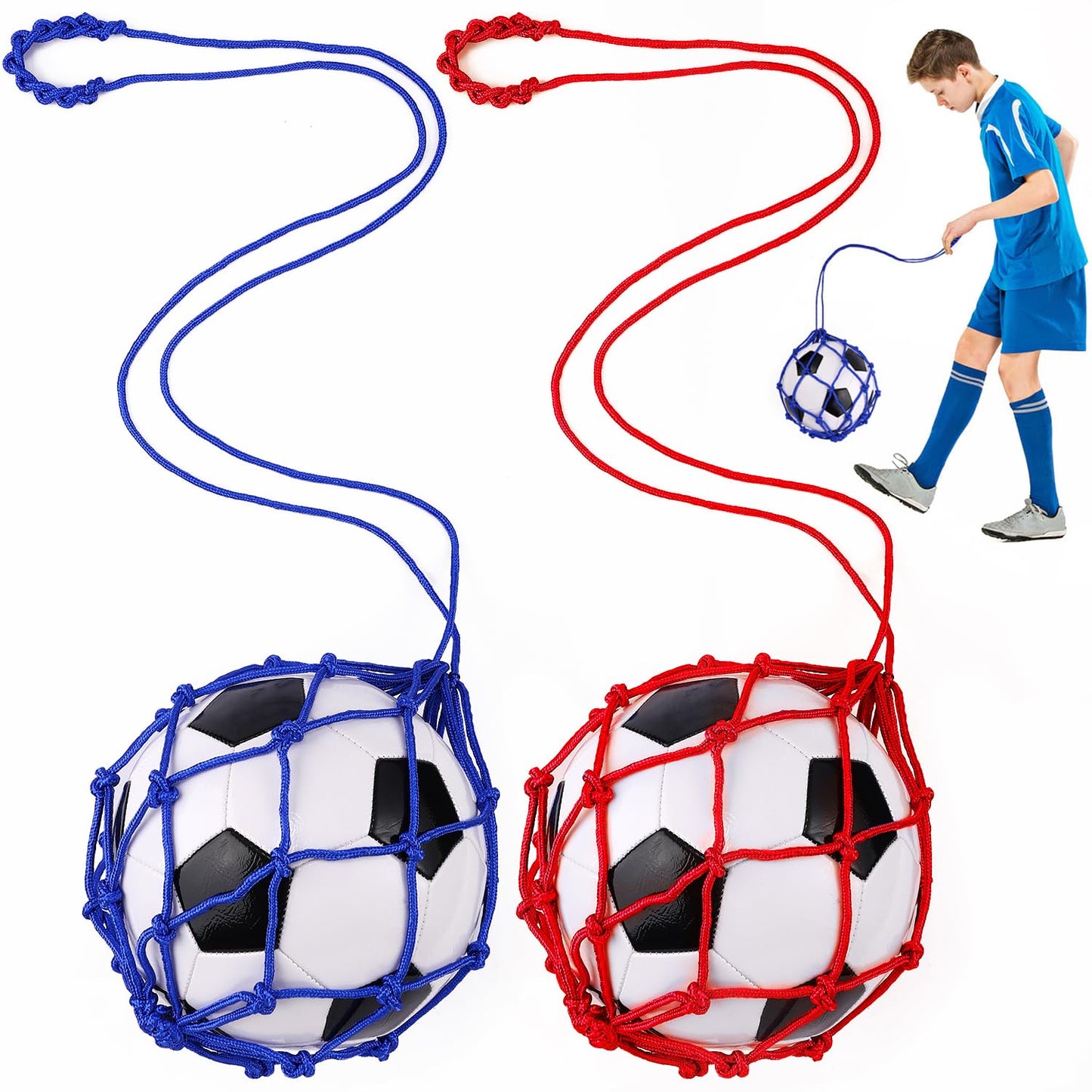 TOBWOLF 2PCS Football Kick Trainer, Soccer Return Trainer Net Fits Ball Size 3, 4, 5, Hands-Free Football Kick Throw Solo Practice Training Aid, Adjustable Waist Belt Soccer Ball Trainer Net
