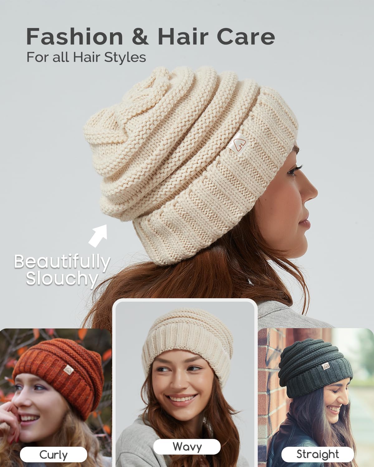 Hat Hut Womens Satin Lined Beanie Winter Hats with Silk Lining for Hair Slouchy Beanie Soft Warm Cable Knit Winter Hat