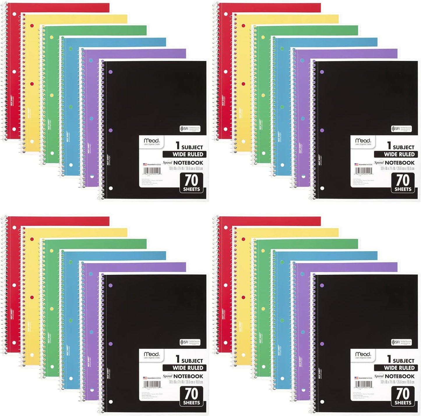 Mead Spiral Notebooks, 24 Pack, 1 Subject, Wide Ruled Paper, 7-1/2" x 10-1/2", 70 Sheets per Notebook, Color Will Vary (05510)