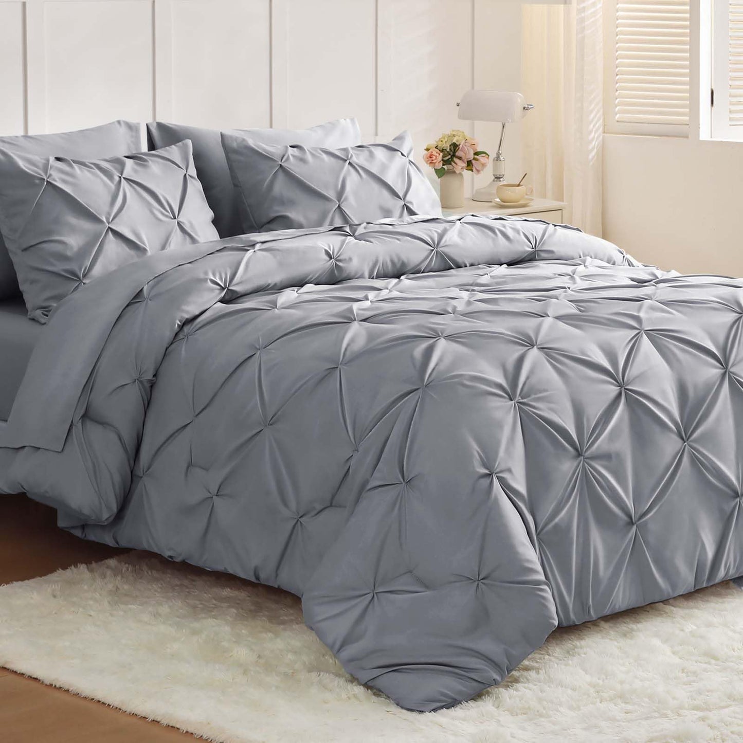 JOLLYVOGUE Queen Comforter Set 7 Pieces - Bed in a Bag Queen for All Season, Pintuck Bedding Comforter Sets with Comforter, Flat Sheet, Fitted Sheet and Pillowcases & Shams, Black