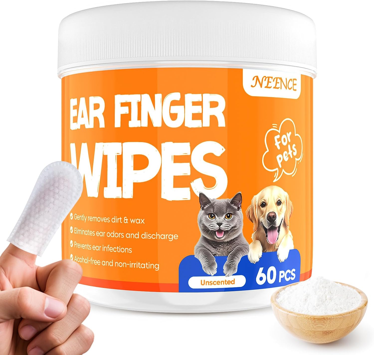 NEENCE Ear Finger Wipes for Dogs & Cats,Dog Ear Cleaner Finger Wipes, Soothing Cleansing Deodorizing Ear Care Wipes for Cat and Dog, Effectively Remove Ear Wax for Dogs & Cats(60 Pcs, Unscented)