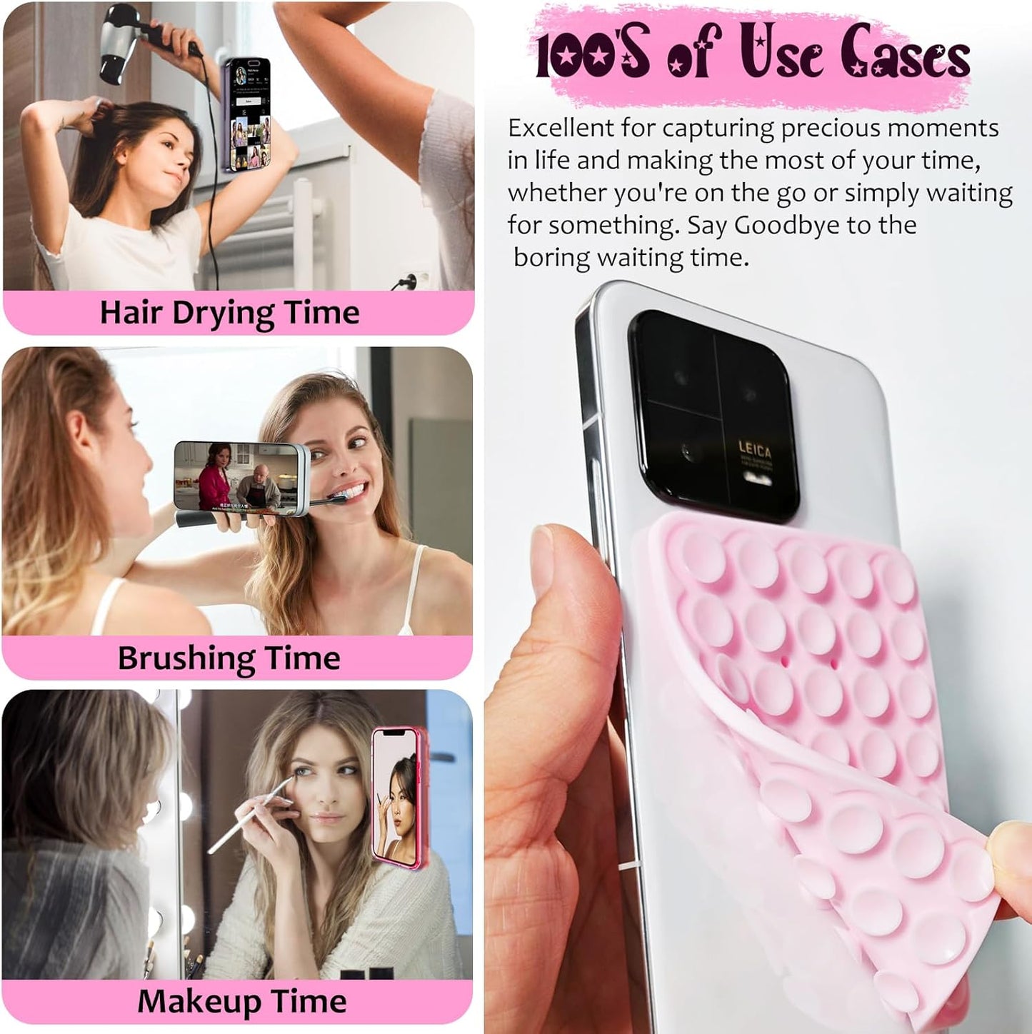 2 Pack Double Sided Silicone Suction Cup Phone Case Mount, Hands-Free Strong Grip Silicon Phone Holder for Selfies and Videos, Non Slip Phone Accessories (LightPink&Translucent)
