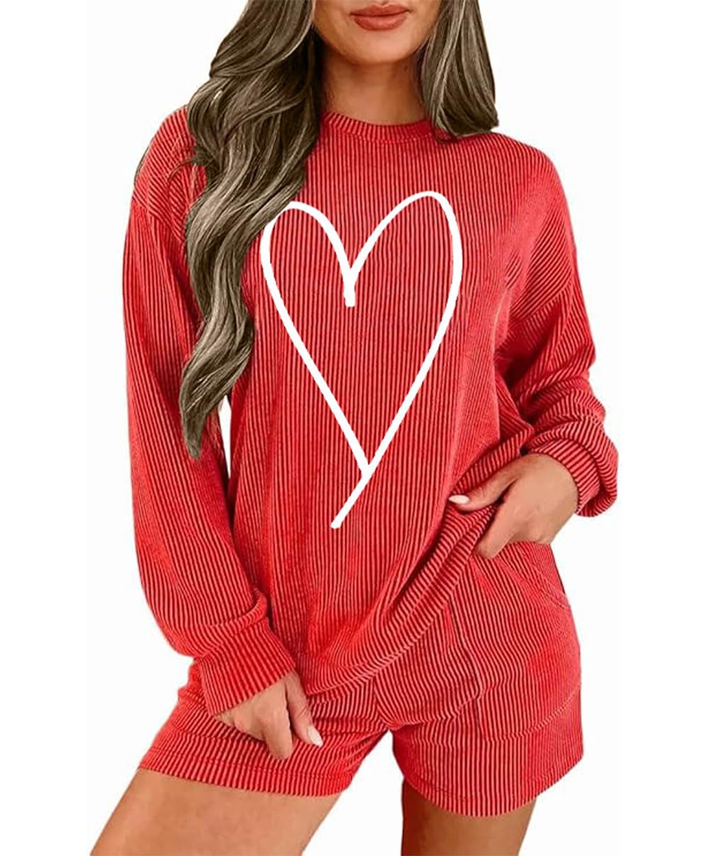 Womens Ribbed Pajama Sets Long Sleeve Top and Shorts Matching Lounge Set Loungewear Sweatsuit with Pockets