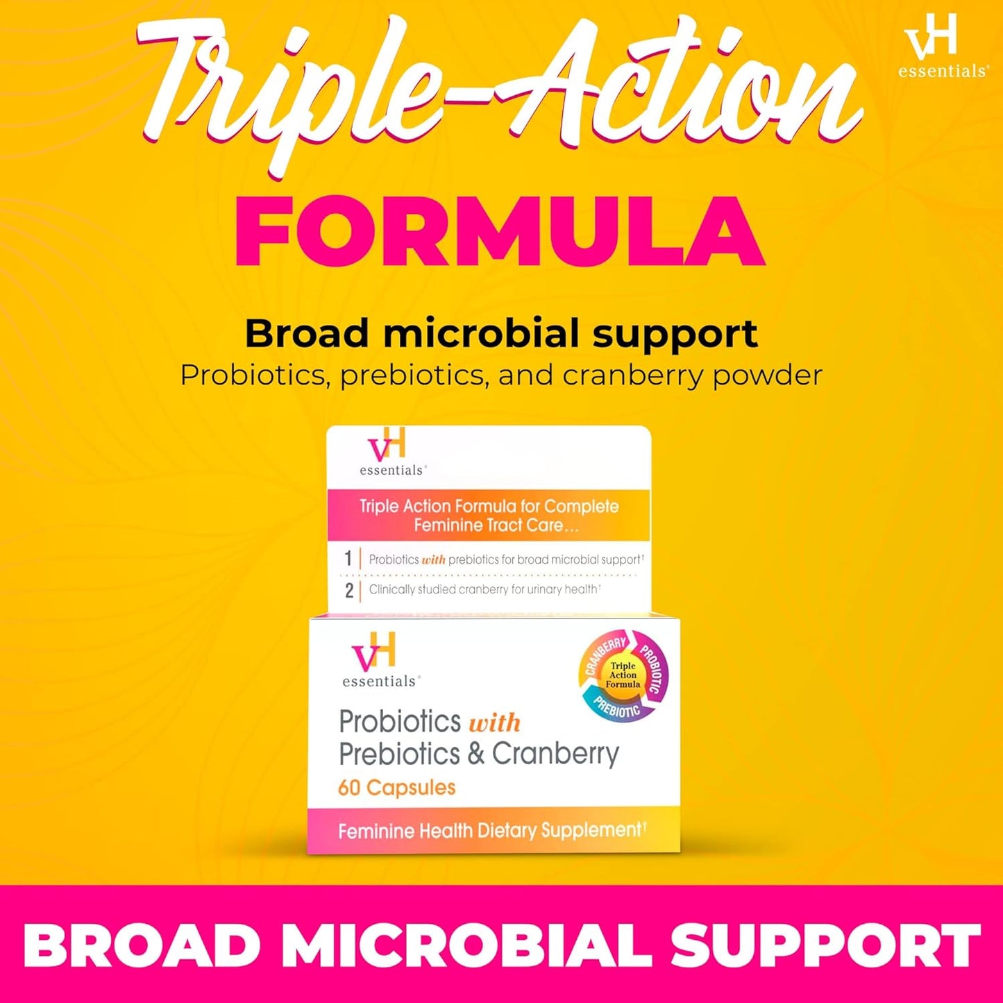 vH Essentials Probiotics for Women with Prebiotics, Cranberry & Vitamin C - 60 Capsules (30 Day Supply) - Vaginal Probiotics Support Gut Balance, Vaginal Health & Urinary Tract Health for Women