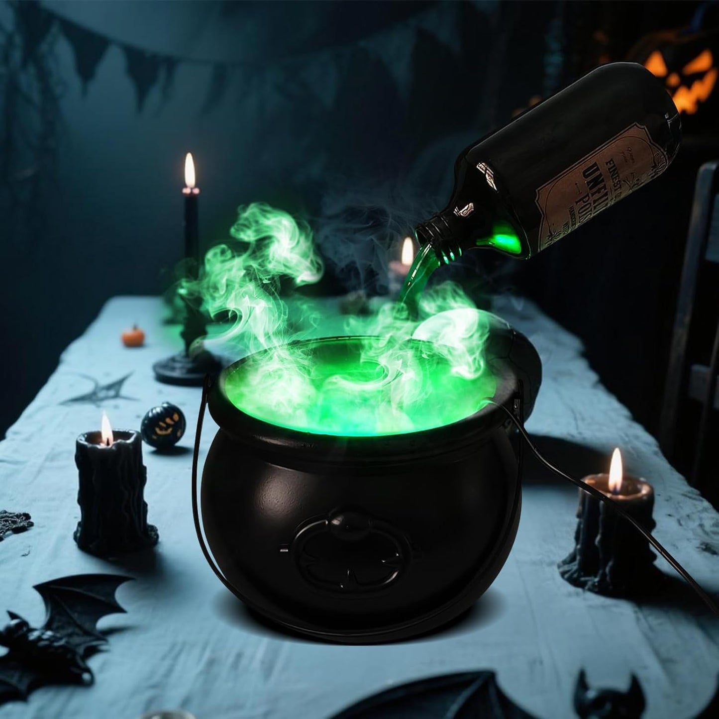 Cauldron Halloween Decor Indoor, Halloween Cauldron Decorations with Magic Floating Potion Bottles & Diffuser, Black Plastic Witches Cauldron Bowl Hocus Pocus Decor for Home Table Mantel Kitchen Room