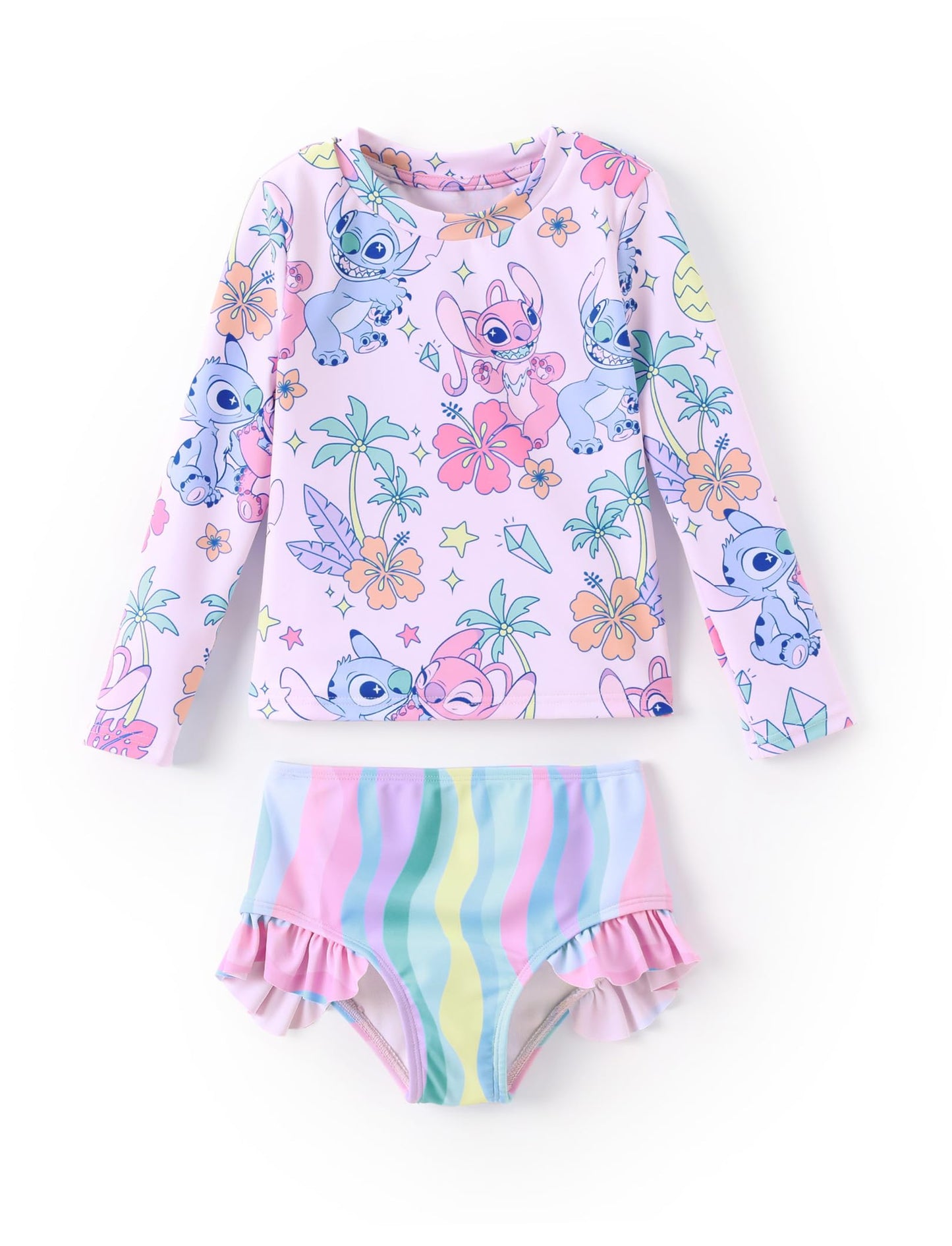Disney Mickey and Friends Girl Two Piece Long Sleeve Swimsuit Rashguard Bathing Suit