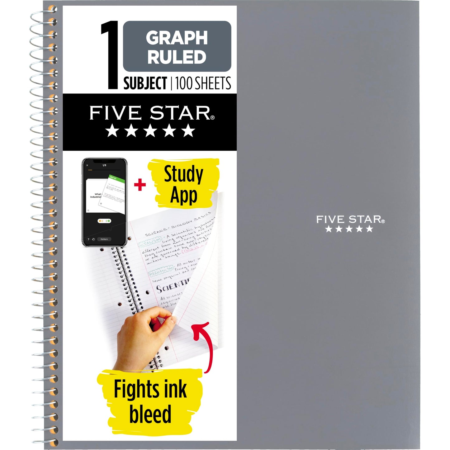 Five Star Spiral Notebook + Study App, 1 Subject, Graph Ruled Paper, 8-1/2" x 11", 100 Sheets, Fights Ink Bleed, Water Resistant Cover, Black (73679)