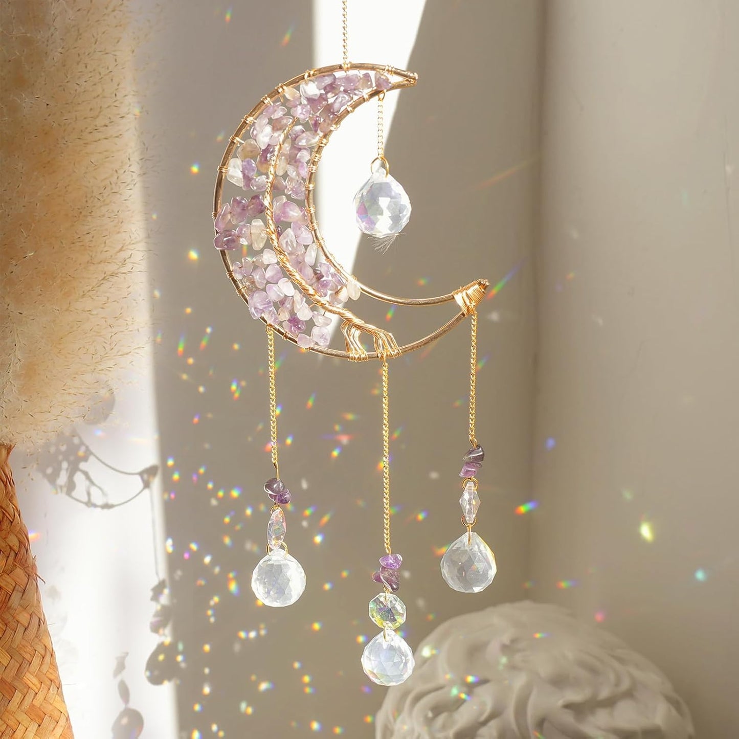 Crystal Moon Suncacher-Sun Catchers Indoor Window Prism Moon Crystal Dream Catcher Natural Healing Stones Rainbow Maker Garden Car Decoration Outdoor (Amethys)