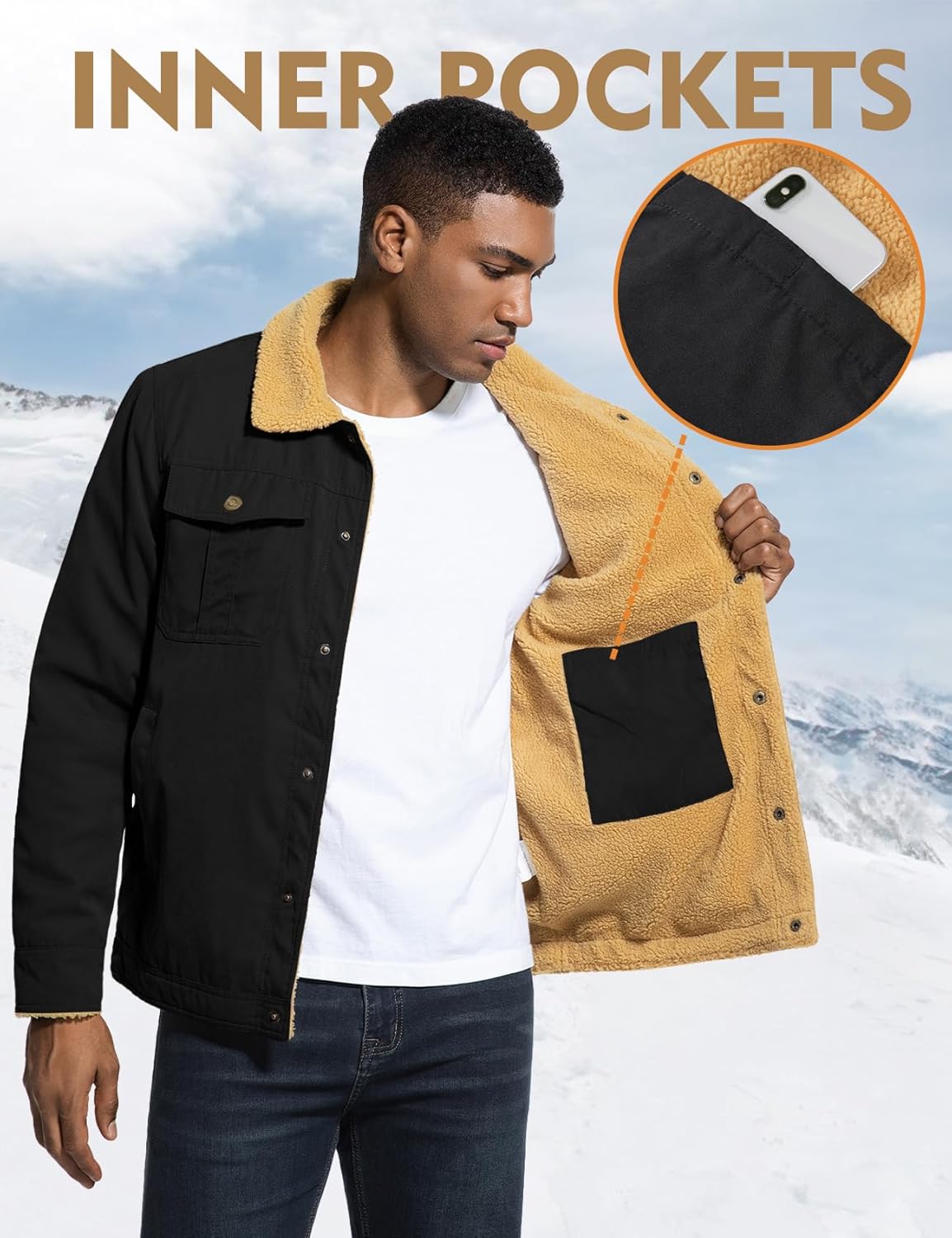 Flygo Men's Winter Jackets Sherpa Lined Fleece Trucker Jacket Thick Warm Lapel Work Cargo Coat Outerwear