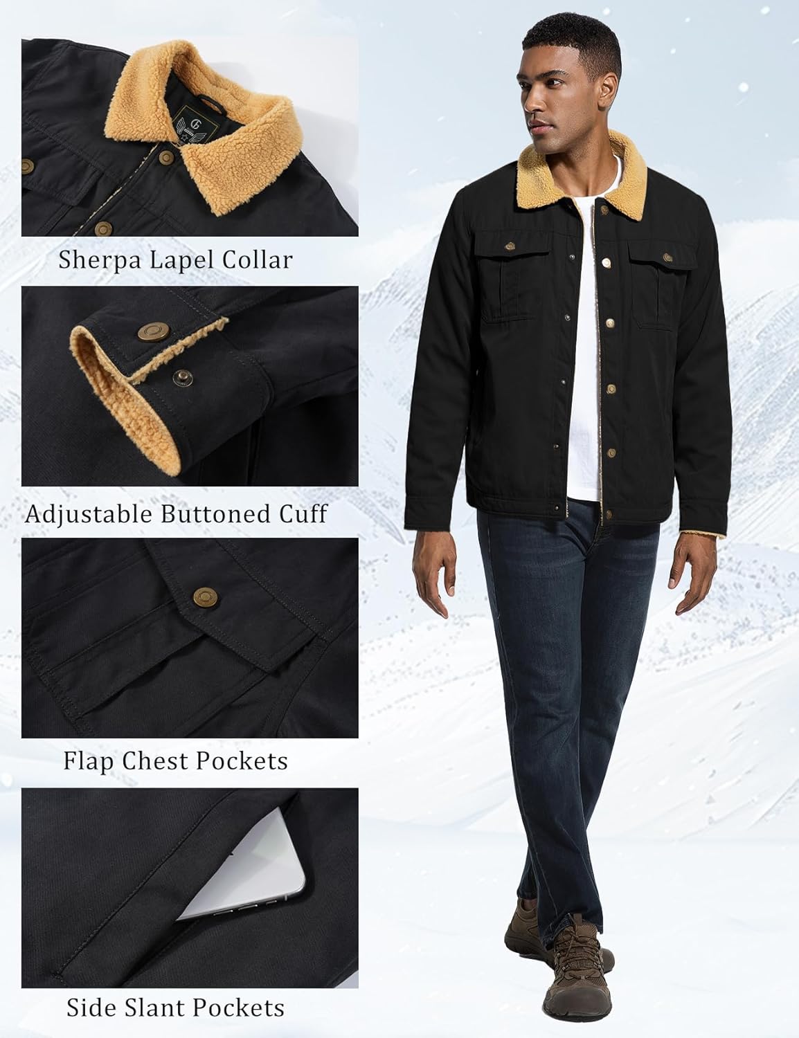 Flygo Men's Winter Jackets Sherpa Lined Fleece Trucker Jacket Thick Warm Lapel Work Cargo Coat Outerwear