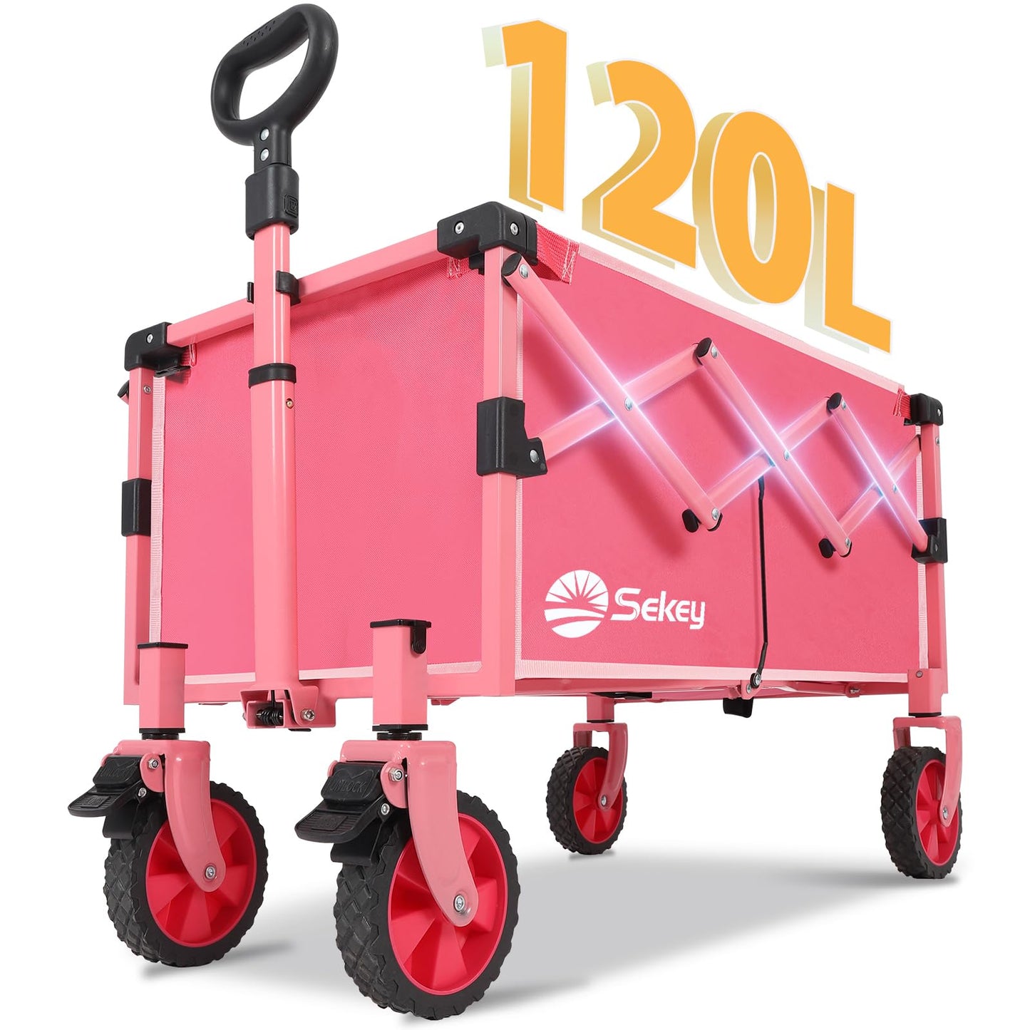 Sekey Heavy Duty Wagon with Big Wheels, Foldable Cart with 220LBS Capacity, Utility Lightweight Wagon, Collapsible Grocery Shopping Cart for Camping Sports & Holiday. Black