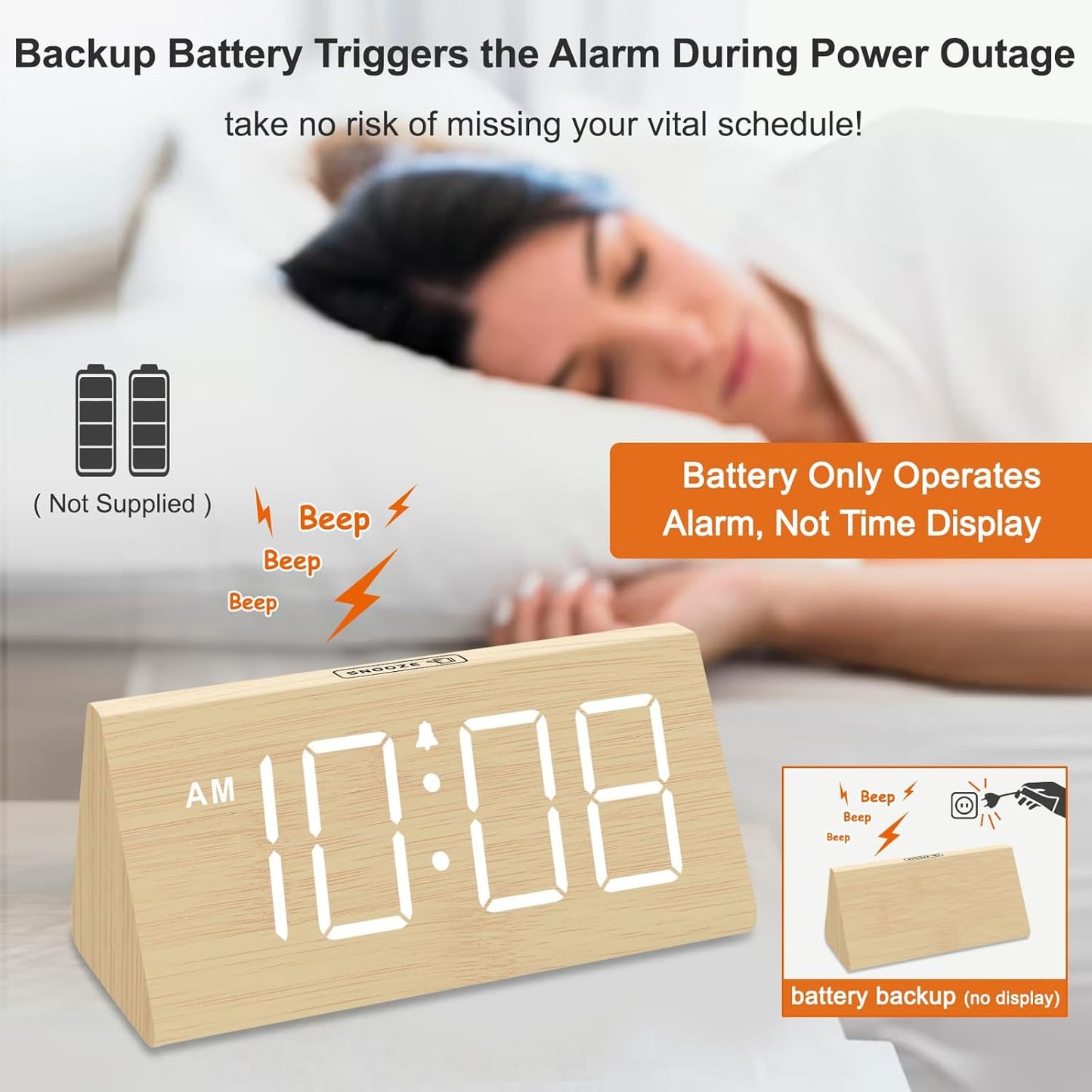 DreamSky Wooden Digital Alarm Clocks for Bedrooms - Electric Desk Clock with Large Numbers, USB Port, Battery Backup Alarm, Adjustable Volume, Dimmer, Snooze, DST, 12/24H, Wood Décor (White)
