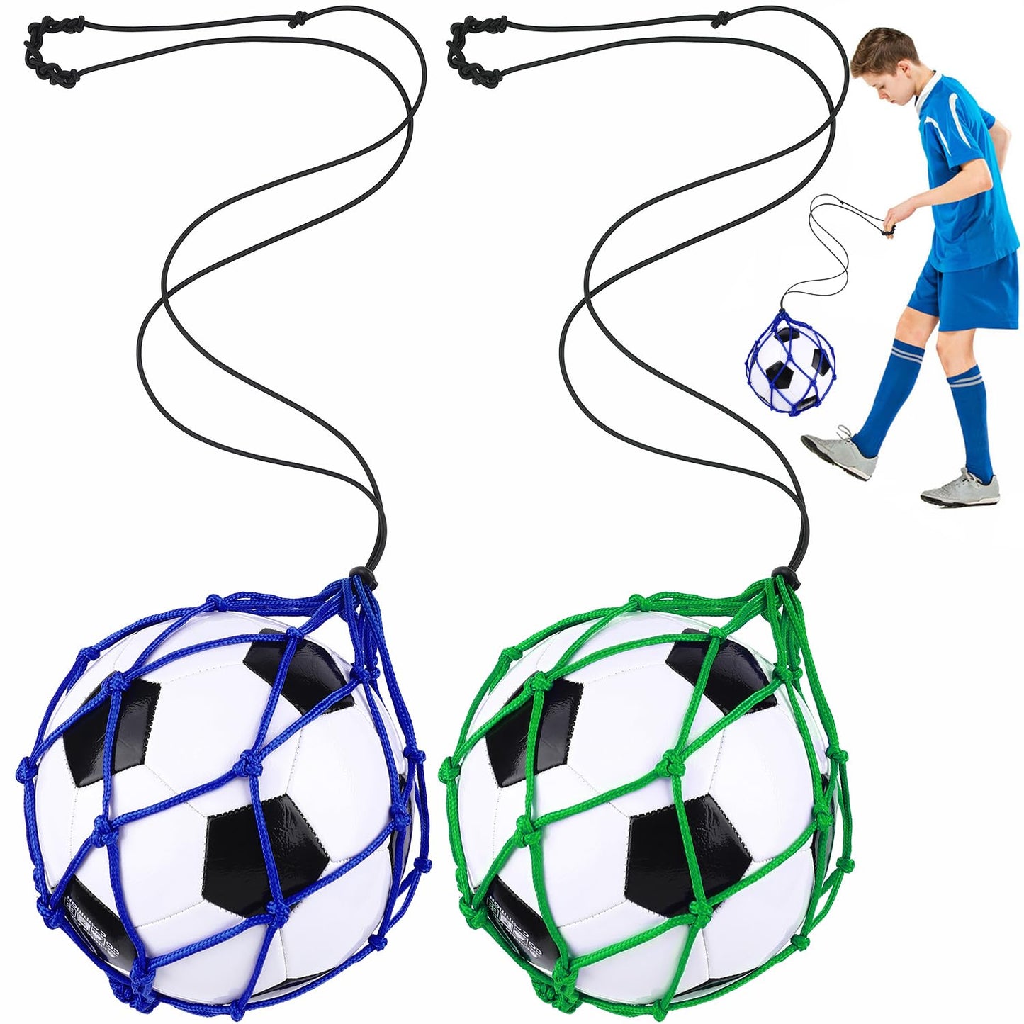 TOBWOLF 2PCS Football Kick Trainer, Soccer Return Trainer Net Fits Ball Size 3, 4, 5, Hands-Free Football Kick Throw Solo Practice Training Aid, Adjustable Waist Belt Soccer Ball Trainer Net