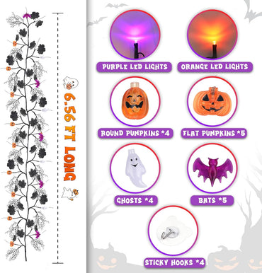 kuaima Halloween Light up Garland with 54 Purple and Orange LED Lights, 6.56 FT Lighted Willow Vine Twig Battery Operated for Indoor Decor, 8 Modes with Timer Function