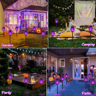 IkeeRuic Halloween Decorations Outdoor, Purple Halloween Solar Lights with Flickering Flame, Solar Torch Lights for Yard Decorations, Waterproof Outdoor Lighting for Garden Pathway Patio Outside Decor