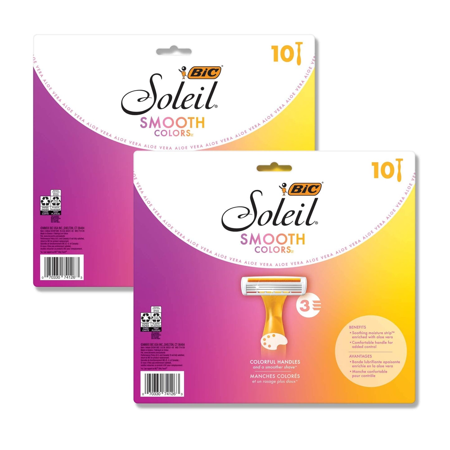 BIC Soleil Smooth Colors Women's Disposable Razors With Aloe Vera and Vitamin E Lubricating Strip for Enhanced Glide, With 3 Blades, 10 Count