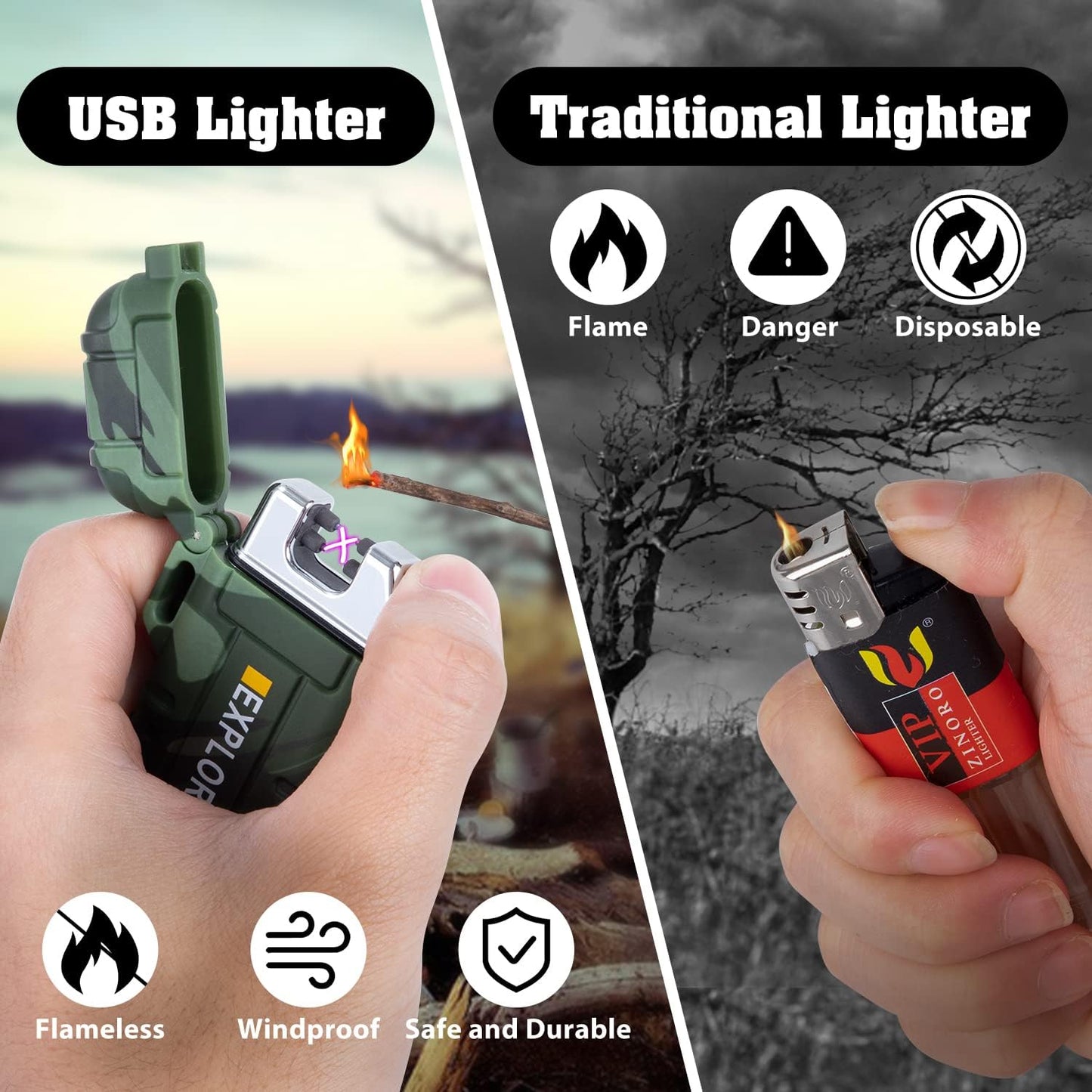 LcFun Waterproof Electric Dual Arc Lighter USB Rechargeable Outdoor Windproof Flameless Plasma Lighters for Camping, Hiking, Adventure, Survival Tactical Gear Gifts for Men