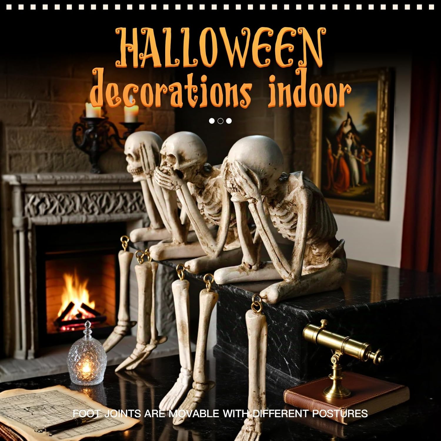 Halloween Skeleton Statues Set of 3 – See No Evil, Hear No Evil, Speak No Evil, Resin Skull Figurines for Gothic Home Decorations, Shelf Mantel Decor, Tabletop Halloween Decor Indoor (3-Piece Set)