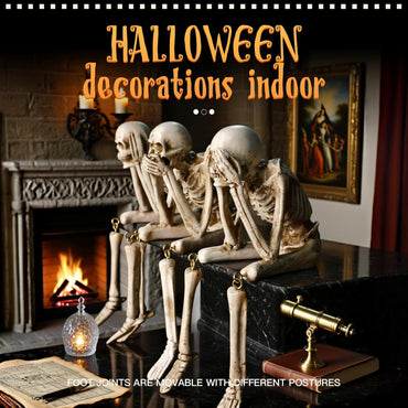 Halloween Skeleton Statues Set of 3 – See No Evil, Hear No Evil, Speak No Evil, Resin Skull Figurines for Gothic Home Decorations, Shelf Mantel Decor, Tabletop Halloween Decor Indoor (3-Piece Set)