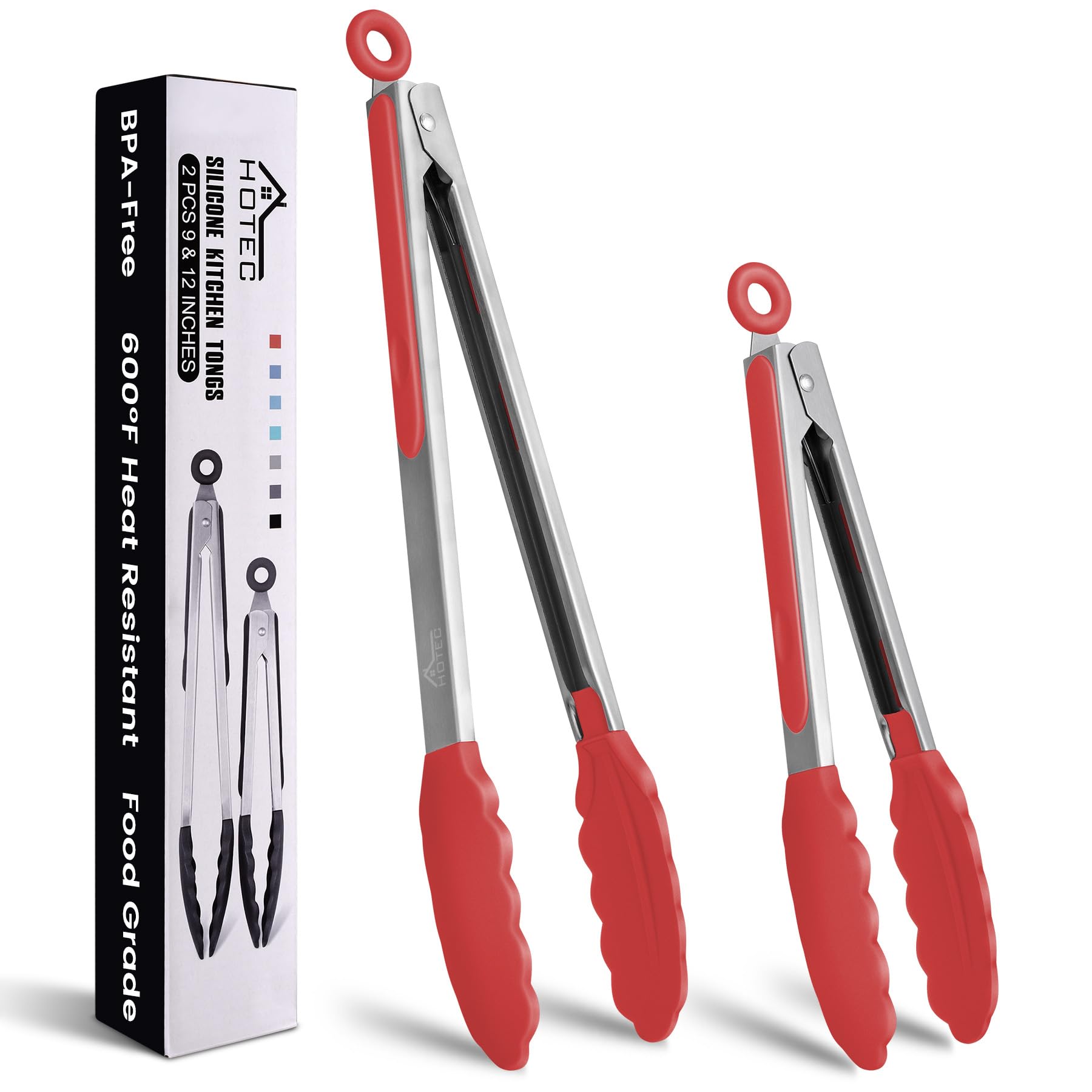 HOTEC Premium Stainless Steel Locking Kitchen Tongs with Silicon Tips, Set of 2-9" and 12"