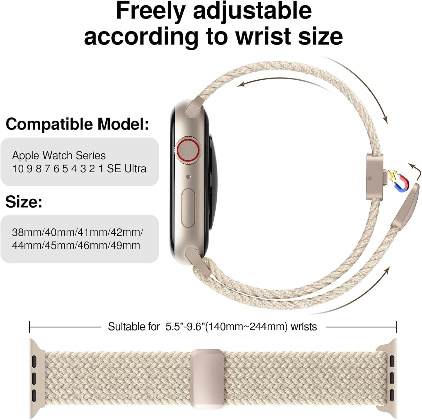 Braided Stretchy Band Compatible with Apple Watch Bands 38mm 40mm 41mm 42mm 44mm 45mm 46mm 49mm Women Men, Soft Nylon Solo Loop Magnetic Sport Strap for iWatch Series 10 9 8 7 6 5 4 3 2 1 SE Ultra