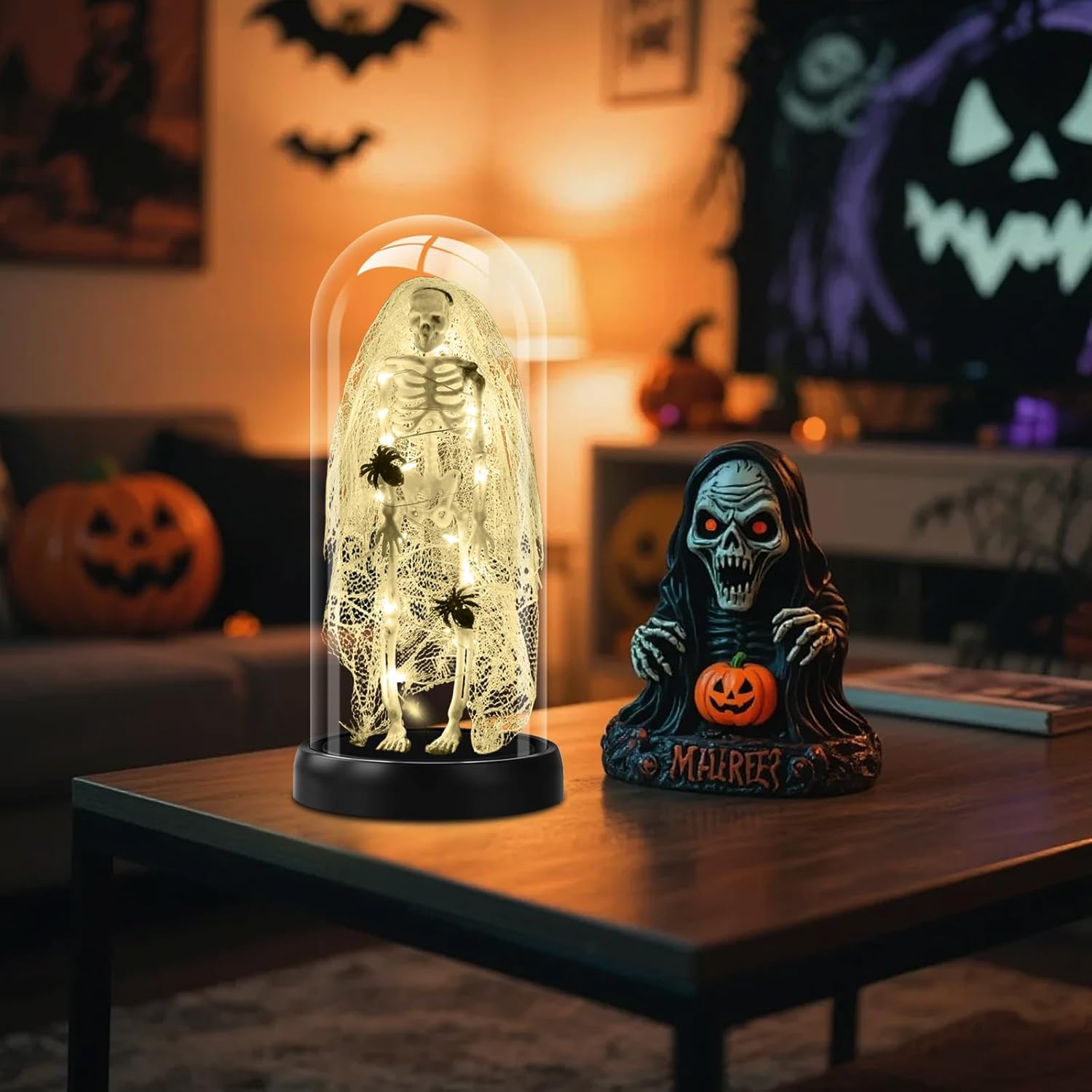 Halloween Decorations-Light-Up Skull with Spider Halloween Decor Indoor Cute Skull Tabletop Decor for Party Home Kitchen and Fireplace, 8.46"x4.2" Flickering LED Terror