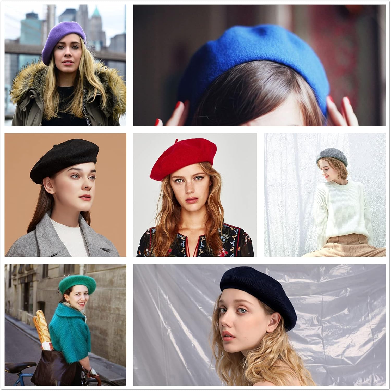 Women French Wool Beret Hats - Solid Color Classic Beanie Winter Cap