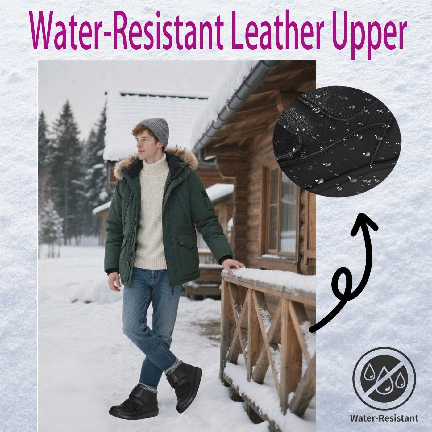 Hsyooes Diabetic Boots for Men Wide Width Winter Snow Boots Adjustable Straps Anti-slip Water Resistant Winter Shoes Warm Fur Lining Diabetic Shoes for Swollen Feet