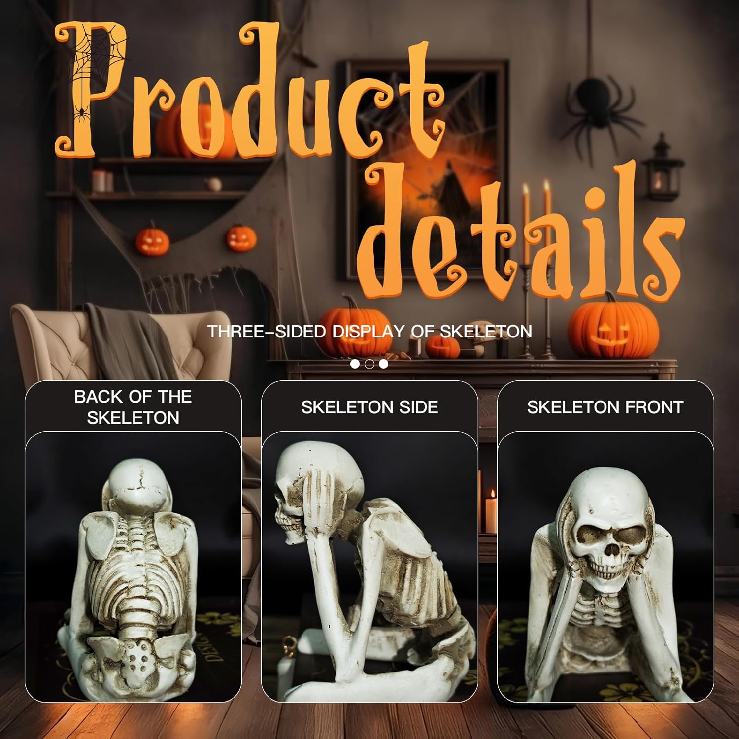 Halloween Skeleton Statues Set of 3 – See No Evil, Hear No Evil, Speak No Evil, Resin Skull Figurines for Gothic Home Decorations, Shelf Mantel Decor, Tabletop Halloween Decor Indoor (3-Piece Set)