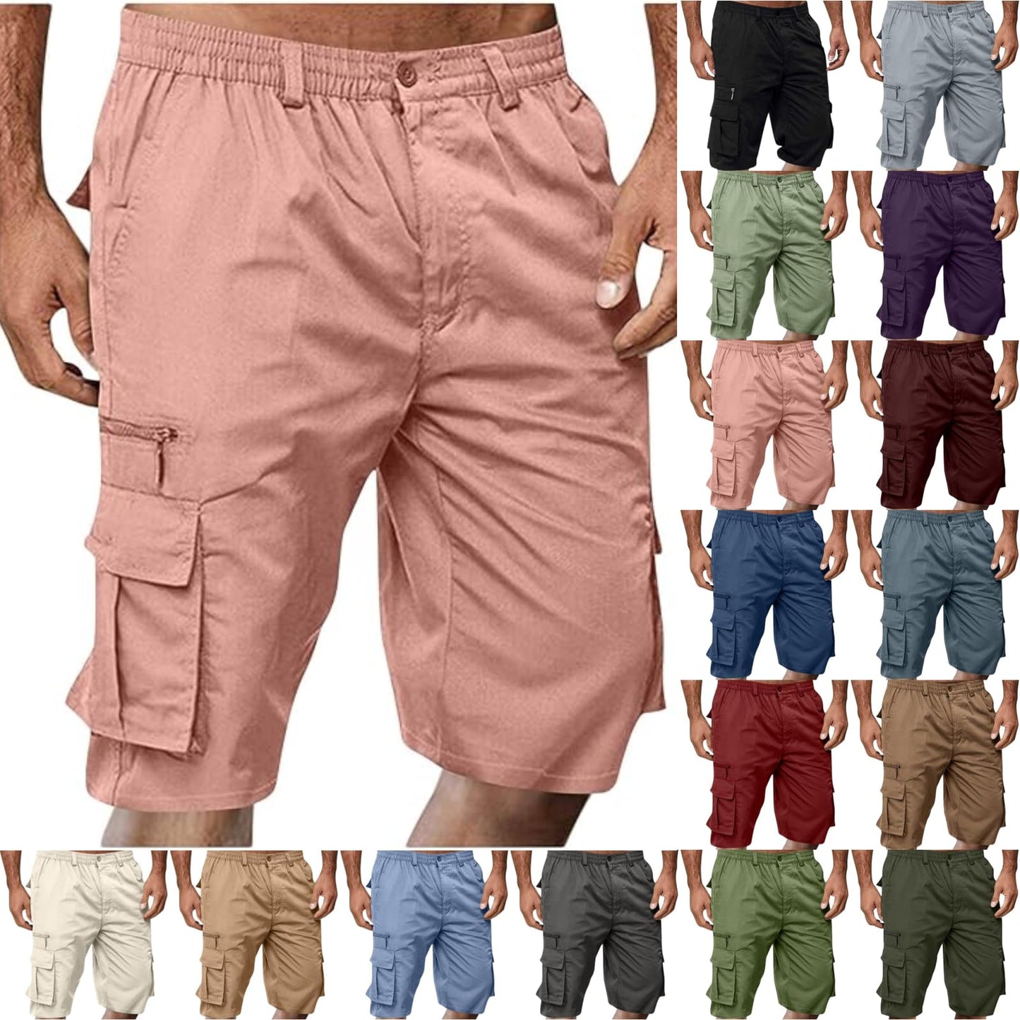 Cargo Shorts for Men Casual Summer Hiking Pants Elastic Waist Big and Tall Knee Length Multi-Pockets Bermuda Shorts