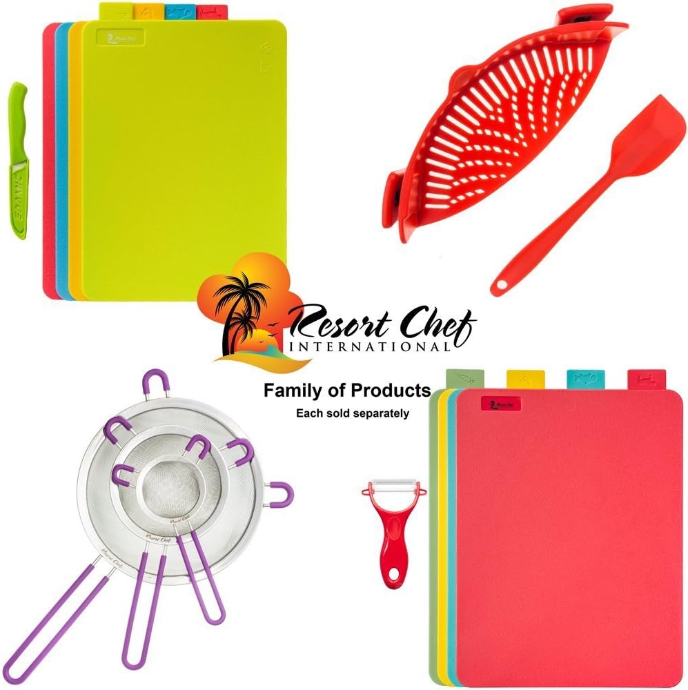 Resort Chef Vibrant Kitchen Cutting Board Set - 4 Non-Porous, BPA-Free, Dishwasher-Safe Reversible Plastic Boards with Easy-Grip Food Icon Tabs. Includes Ceramic Knife & Non-Slip Mat.