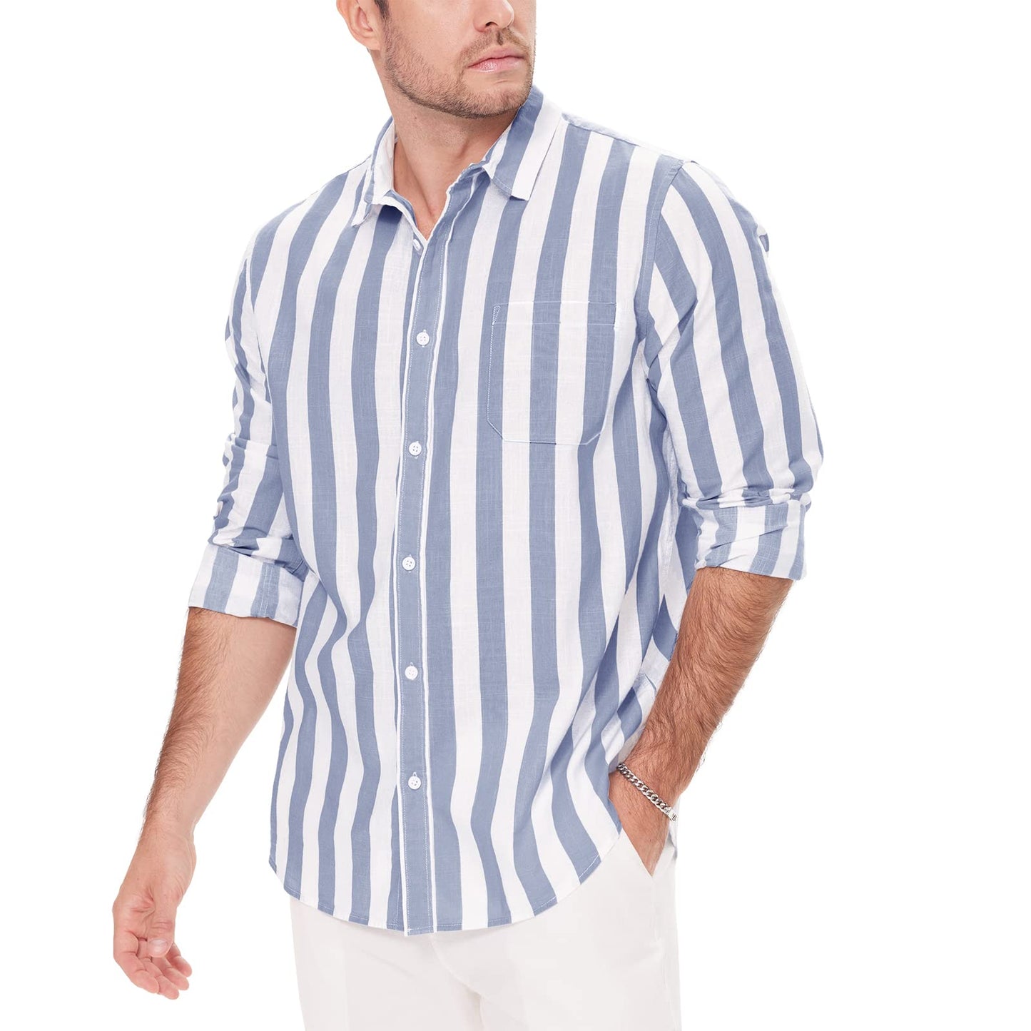 Button Down Linen Shirts for Men Casual Long Sleeve Regular Fit Cotton Beach Shirts with Pocket